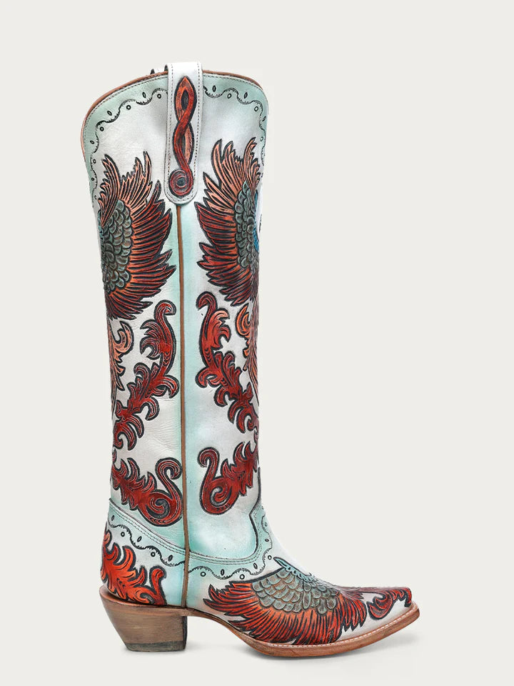 A4516 - WOMEN'S HAND PAINTED AND TOOLED FIRE PHOENIX WHITE TALL TOP SNIP TOE COWBOY BOOT