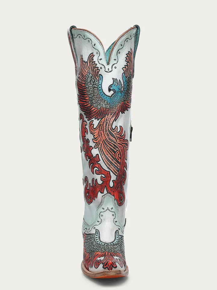 A4516 - WOMEN'S HAND PAINTED AND TOOLED FIRE PHOENIX WHITE TALL TOP SNIP TOE COWBOY BOOT