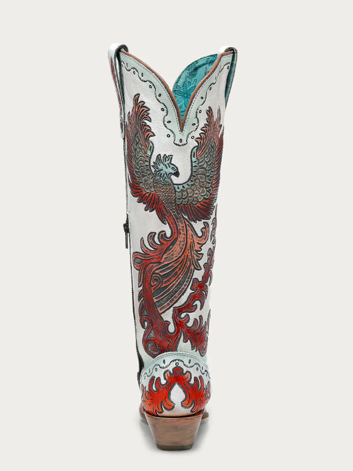 A4516 - WOMEN'S HAND PAINTED AND TOOLED FIRE PHOENIX WHITE TALL TOP SNIP TOE COWBOY BOOT