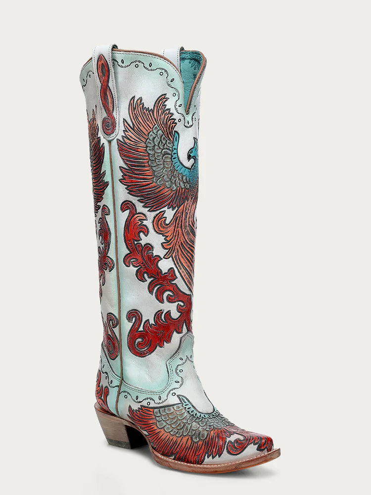 A4516 - WOMEN'S HAND PAINTED AND TOOLED FIRE PHOENIX WHITE TALL TOP SNIP TOE COWBOY BOOT