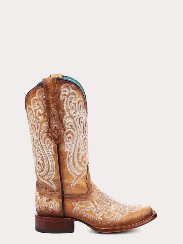 A4580 - WOMEN'S BLUE LUMINESCENT EMBROIDERY STRAW SQUARE TOE COWBOY BOOT