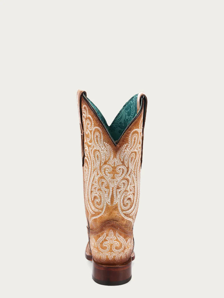 A4580 - WOMEN'S BLUE LUMINESCENT EMBROIDERY STRAW SQUARE TOE COWBOY BOOT