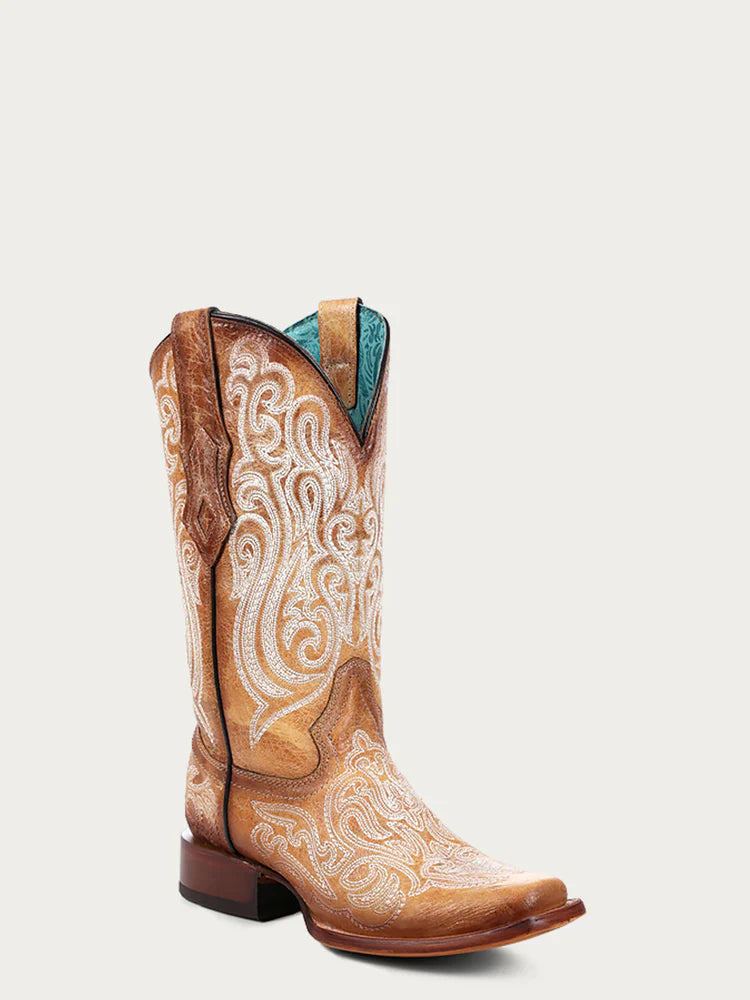 A4580 - WOMEN'S BLUE LUMINESCENT EMBROIDERY STRAW SQUARE TOE COWBOY BOOT