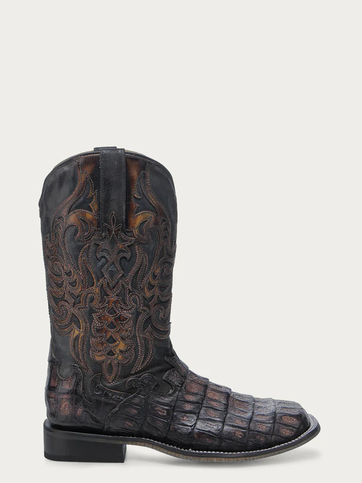 A4774 - MEN'S CAIMAN EMBROIDERY AND OVERLAY CHOCOLATE WIDE SQUARE TOE COWBOY BOOT