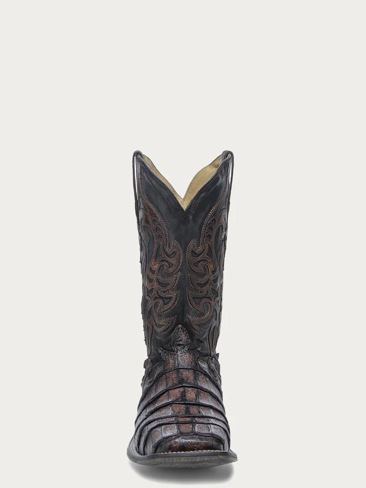 A4774 - MEN'S CAIMAN EMBROIDERY AND OVERLAY CHOCOLATE WIDE SQUARE TOE COWBOY BOOT