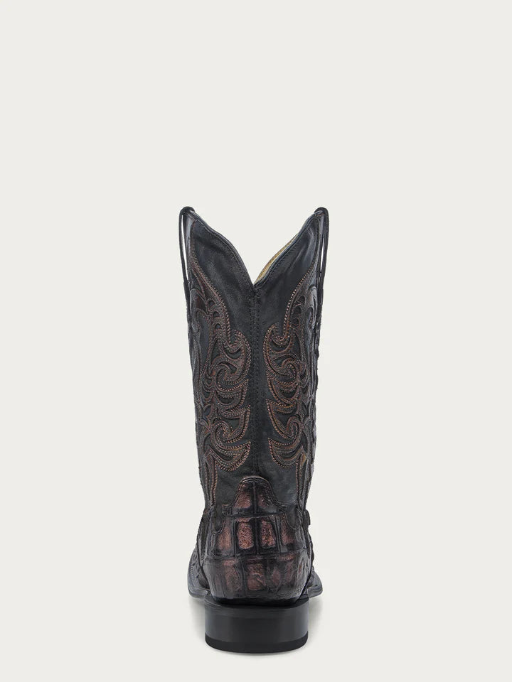 A4774 - MEN'S CAIMAN EMBROIDERY AND OVERLAY CHOCOLATE WIDE SQUARE TOE COWBOY BOOT