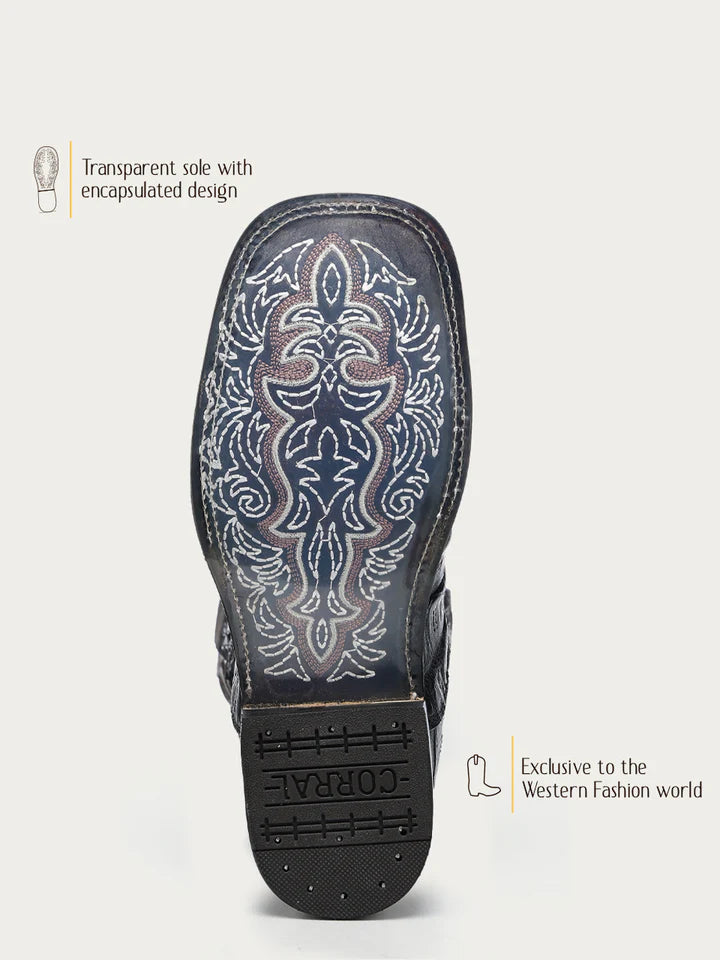 A4774 - MEN'S CAIMAN EMBROIDERY AND OVERLAY CHOCOLATE WIDE SQUARE TOE COWBOY BOOT