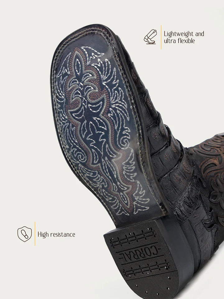 A4774 - MEN'S CAIMAN EMBROIDERY AND OVERLAY CHOCOLATE WIDE SQUARE TOE COWBOY BOOT