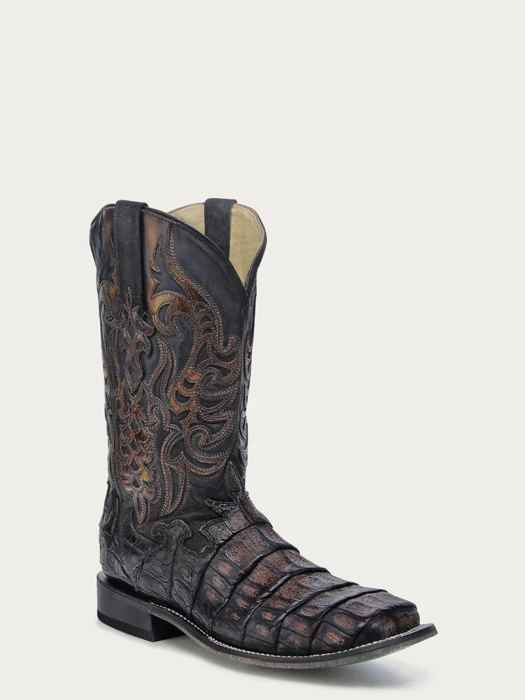 A4774 - MEN'S CAIMAN EMBROIDERY AND OVERLAY CHOCOLATE WIDE SQUARE TOE COWBOY BOOT