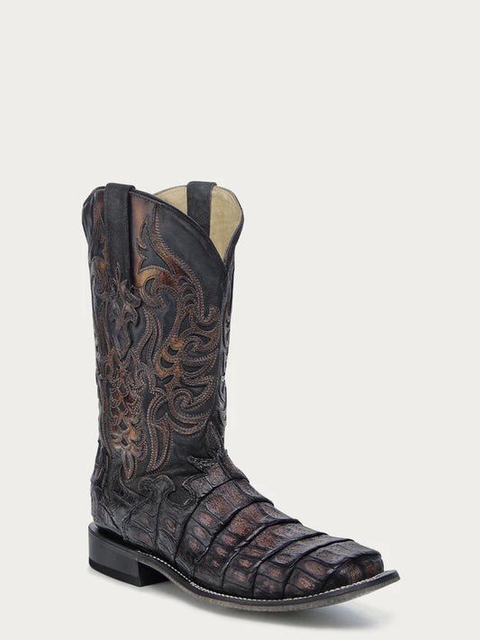 A4774 - MEN'S CAIMAN EMBROIDERY AND OVERLAY CHOCOLATE WIDE SQUARE TOE COWBOY BOOT