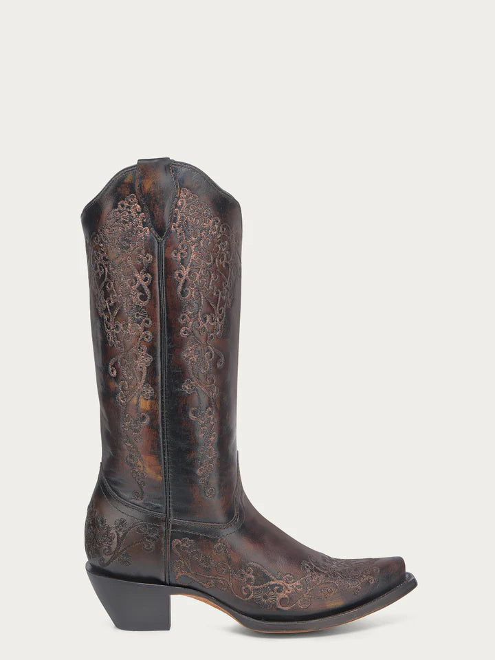 A4801 - WOMEN'S FLORAL EMBROIDERY BLACK AND HONEY SNIP TOE COWBOY BOOT