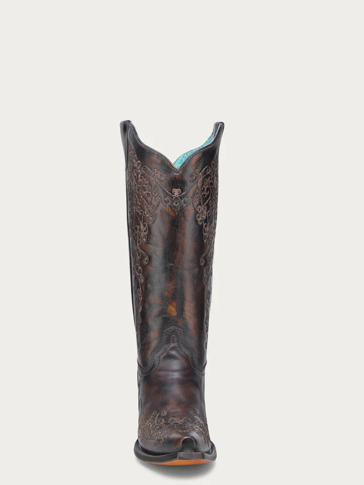 A4801 - WOMEN'S FLORAL EMBROIDERY BLACK AND HONEY SNIP TOE COWBOY BOOT