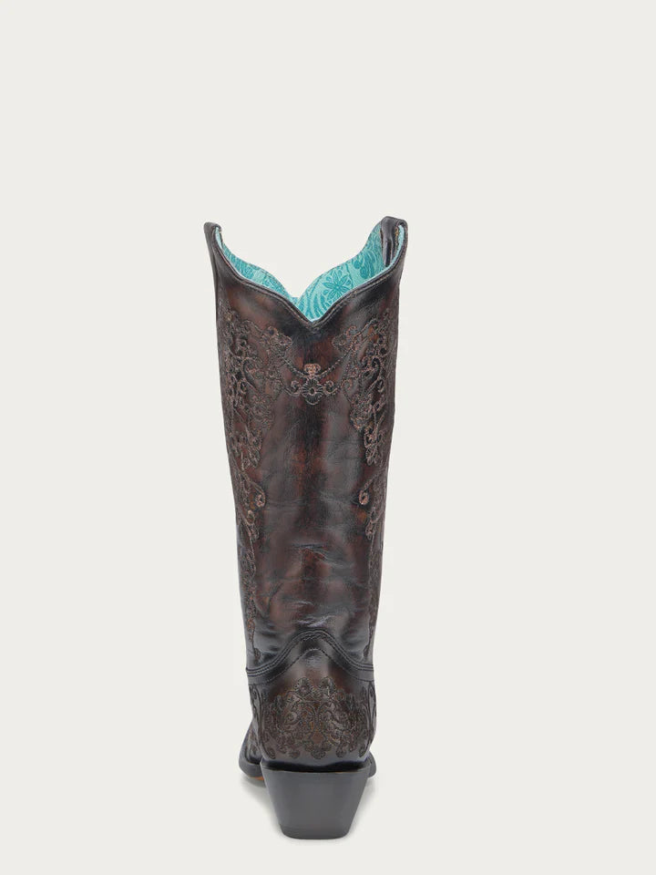 A4801 - WOMEN'S FLORAL EMBROIDERY BLACK AND HONEY SNIP TOE COWBOY BOOT