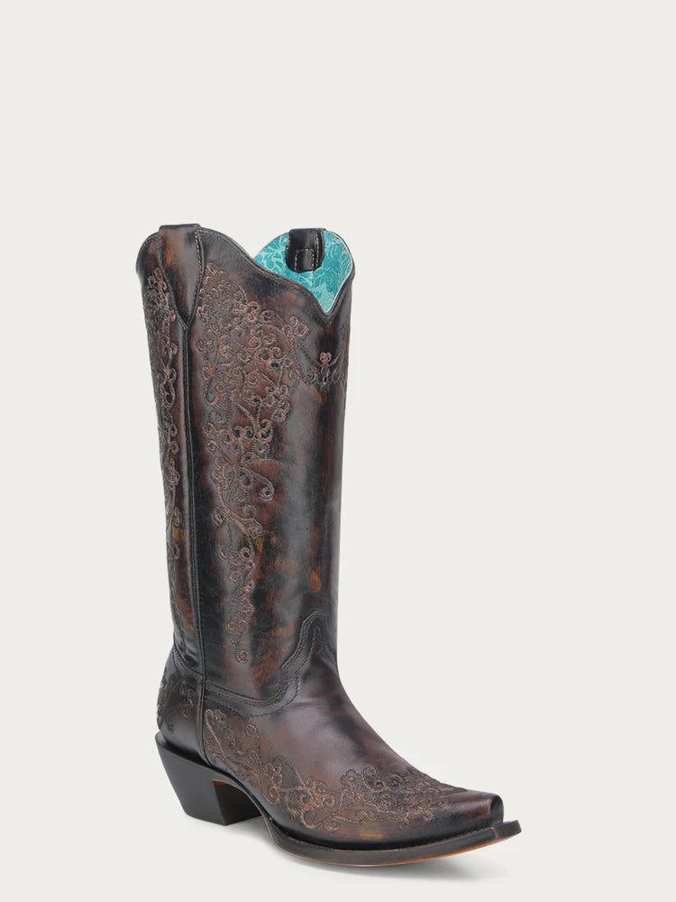 A4801 - WOMEN'S FLORAL EMBROIDERY BLACK AND HONEY SNIP TOE COWBOY BOOT