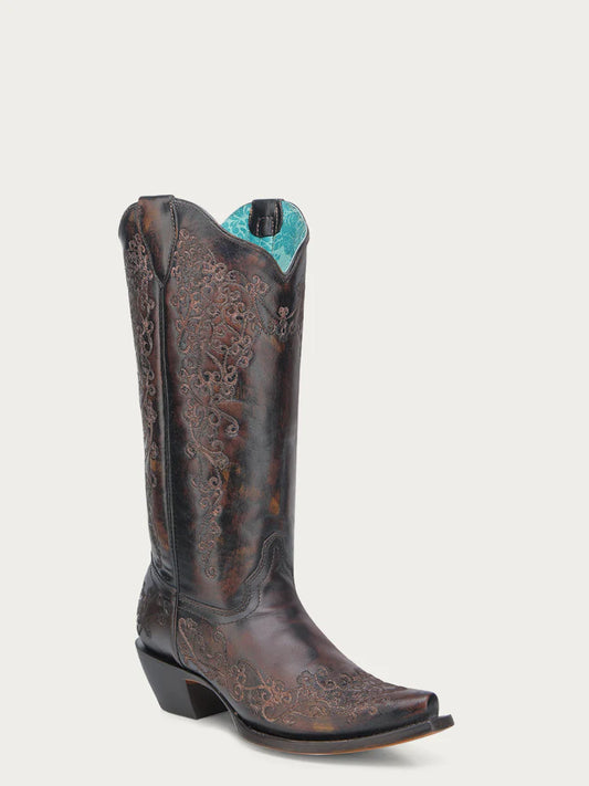 A4801 - WOMEN'S FLORAL EMBROIDERY BLACK AND HONEY SNIP TOE COWBOY BOOT