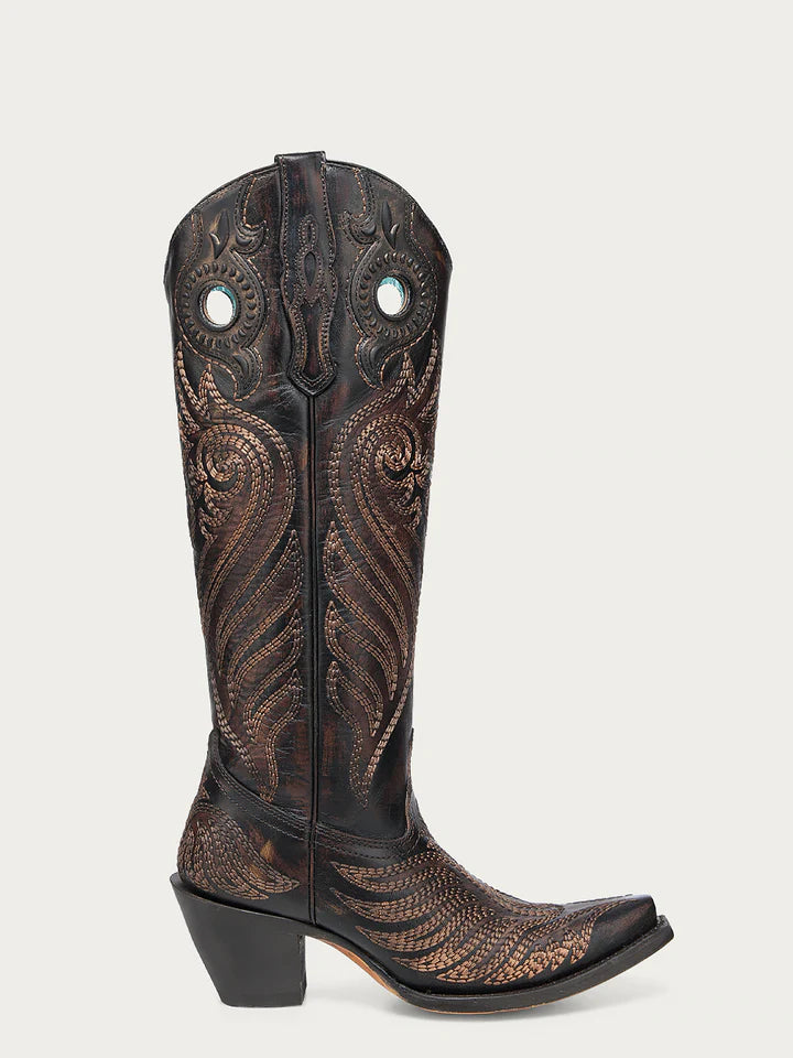 A4814 - WOMEN'S EMBROIDERY AND OVERLAY WITH RUBBER APPLICATIONS BAND BLACKED HONEY SNIP TOE TALL TOP COWBOY BOOT WITH PULL HOLES