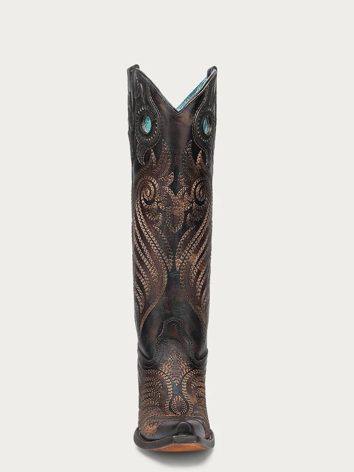 A4814 - WOMEN'S EMBROIDERY AND OVERLAY WITH RUBBER APPLICATIONS BAND BLACKED HONEY SNIP TOE TALL TOP COWBOY BOOT WITH PULL HOLES