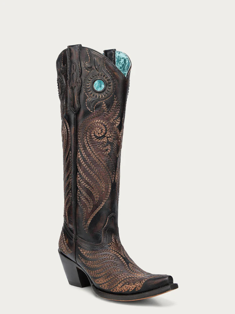 A4814 - WOMEN'S EMBROIDERY AND OVERLAY WITH RUBBER APPLICATIONS BAND BLACKED HONEY SNIP TOE TALL TOP COWBOY BOOT WITH PULL HOLES