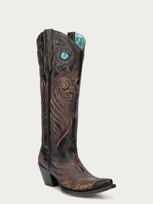 A4814 - WOMEN'S EMBROIDERY AND OVERLAY WITH RUBBER APPLICATIONS BAND BLACKED HONEY SNIP TOE TALL TOP COWBOY BOOT WITH PULL HOLES