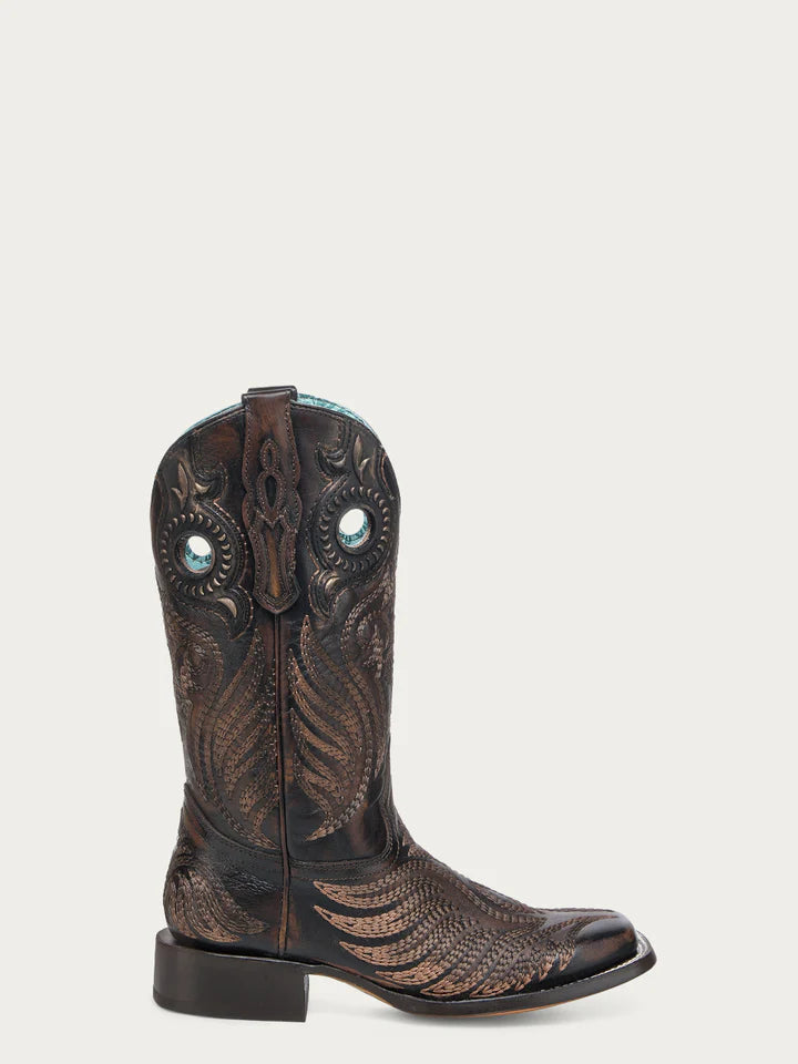 A4841 - WOMEN'S EMBROIDERY AND OVERLAY WITH RUBBER APPLICATIONS BAND BLACKED HONEY WIDE SQUARE TOE COWBOY BOOT WITH PULL HOLES