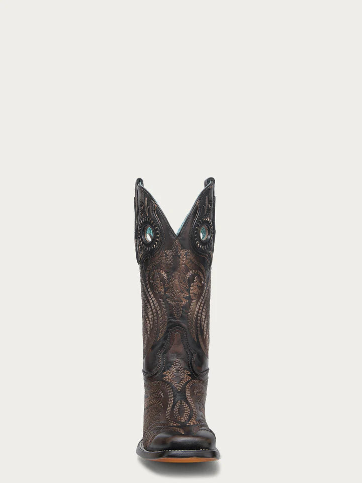 A4841 - WOMEN'S EMBROIDERY AND OVERLAY WITH RUBBER APPLICATIONS BAND BLACKED HONEY WIDE SQUARE TOE COWBOY BOOT WITH PULL HOLES
