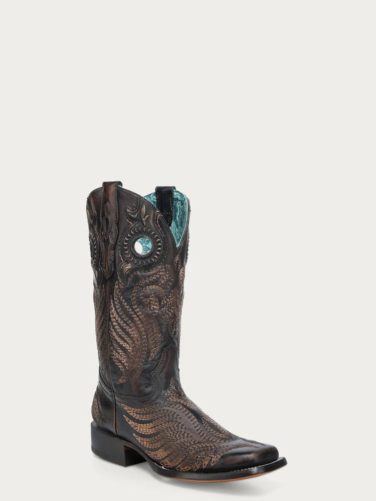 A4841 - WOMEN'S EMBROIDERY AND OVERLAY WITH RUBBER APPLICATIONS BAND BLACKED HONEY WIDE SQUARE TOE COWBOY BOOT WITH PULL HOLES