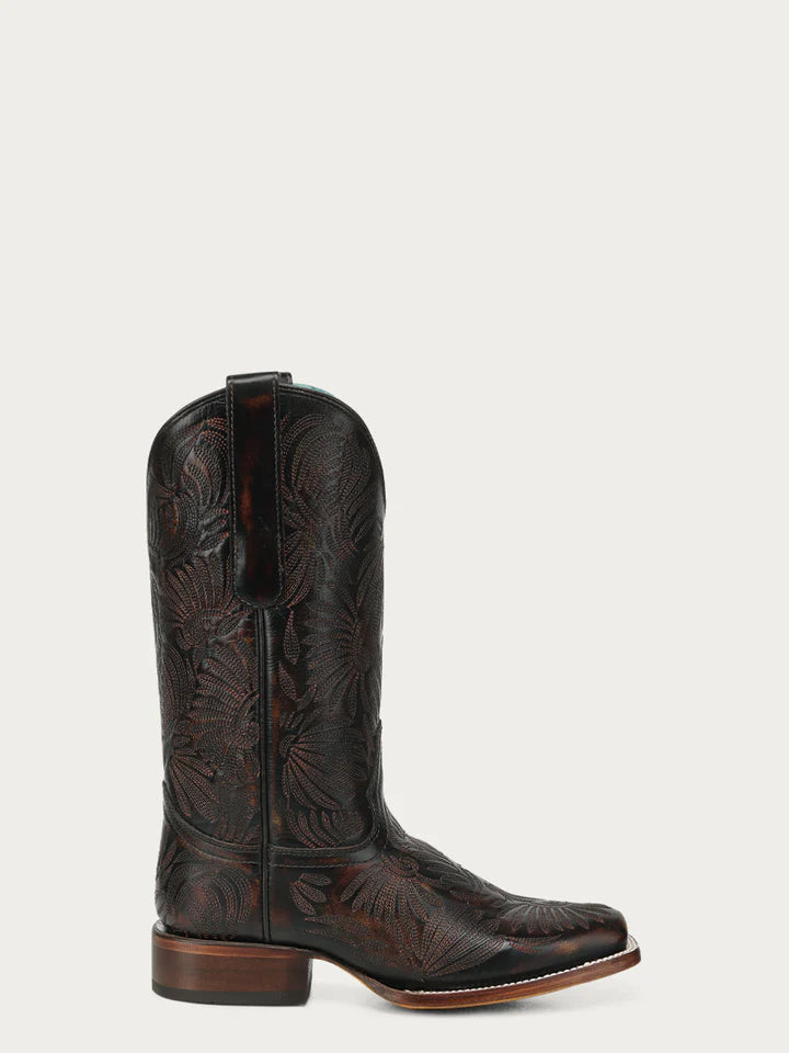 A4848 - WOMEN'S BLACK HONEY FLORAL PETAL EMBROIDERY SQUARE TOE COWBOY BOOTS