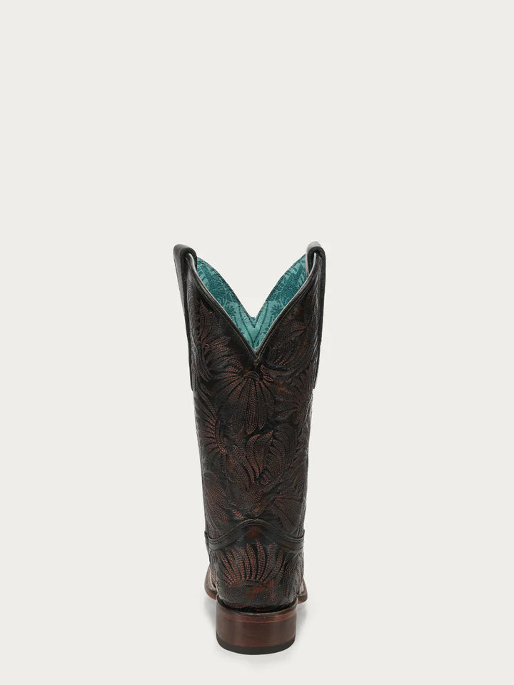 A4848 - WOMEN'S BLACK HONEY FLORAL PETAL EMBROIDERY SQUARE TOE COWBOY BOOTS