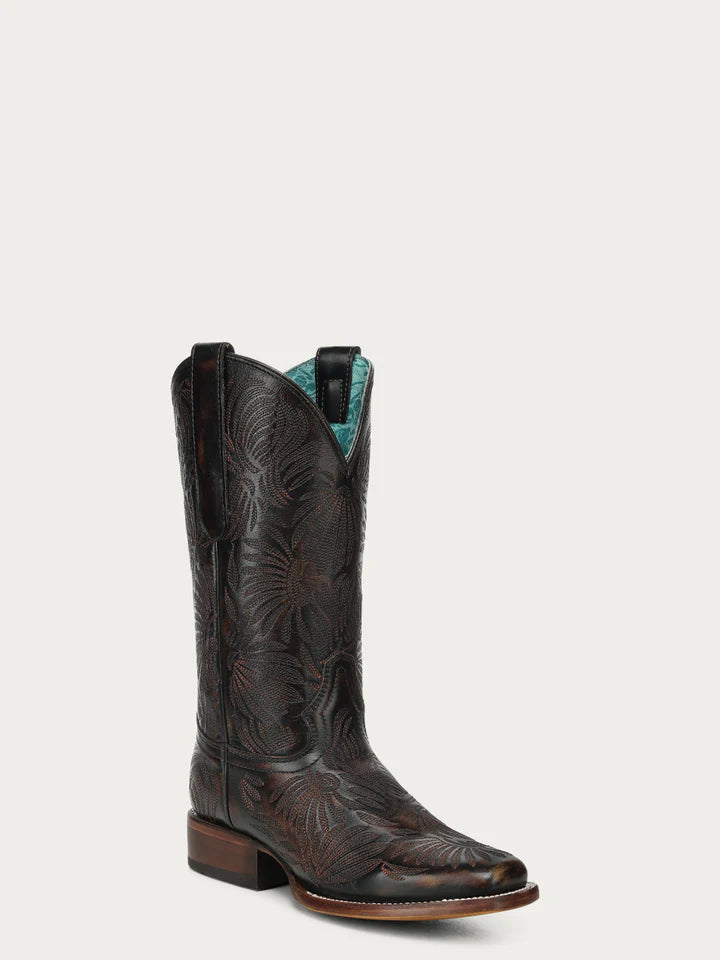 A4848 - WOMEN'S BLACK HONEY FLORAL PETAL EMBROIDERY SQUARE TOE COWBOY BOOTS