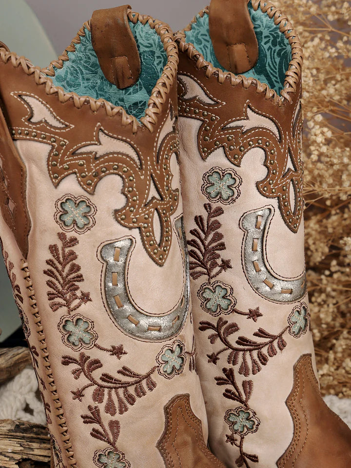 A4863 - WOMEN'S HONEY HORSESHOE OVERLAY EMBROIDERY STUDS HANDWOVEN SNIP TOE COWBOY BOOT
