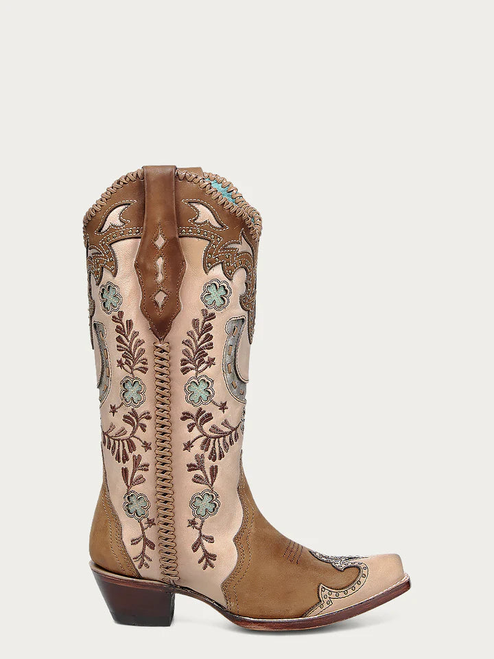 A4863 - WOMEN'S HONEY HORSESHOE OVERLAY EMBROIDERY STUDS HANDWOVEN SNIP TOE COWBOY BOOT