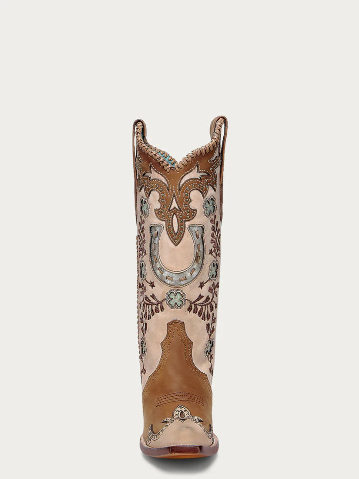 A4863 - WOMEN'S HONEY HORSESHOE OVERLAY EMBROIDERY STUDS HANDWOVEN SNIP TOE COWBOY BOOT