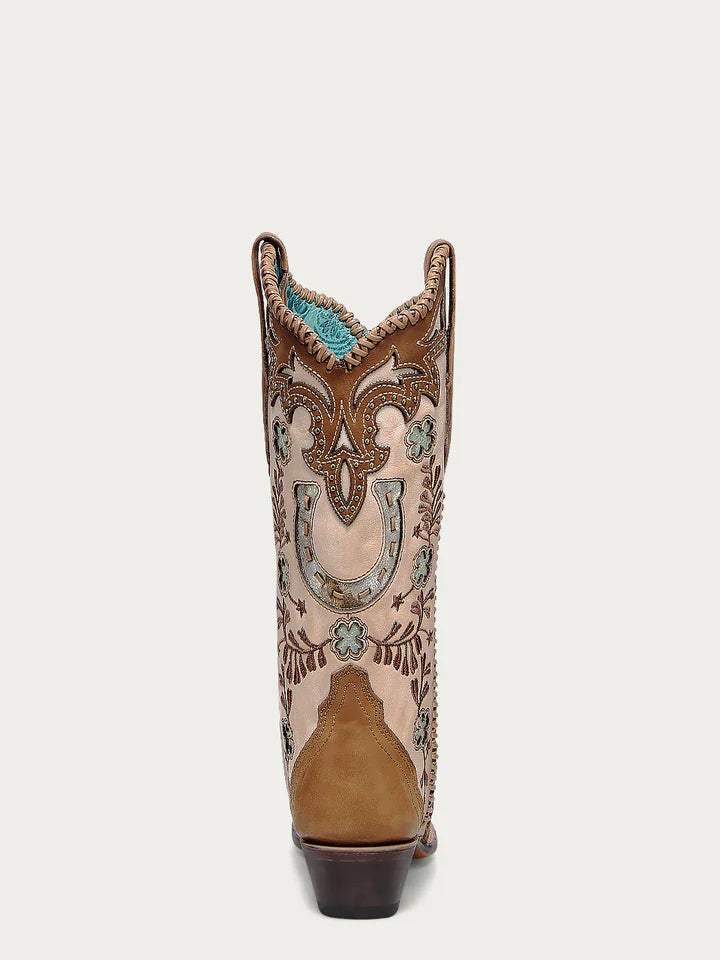 A4863 - WOMEN'S HONEY HORSESHOE OVERLAY EMBROIDERY STUDS HANDWOVEN SNIP TOE COWBOY BOOT