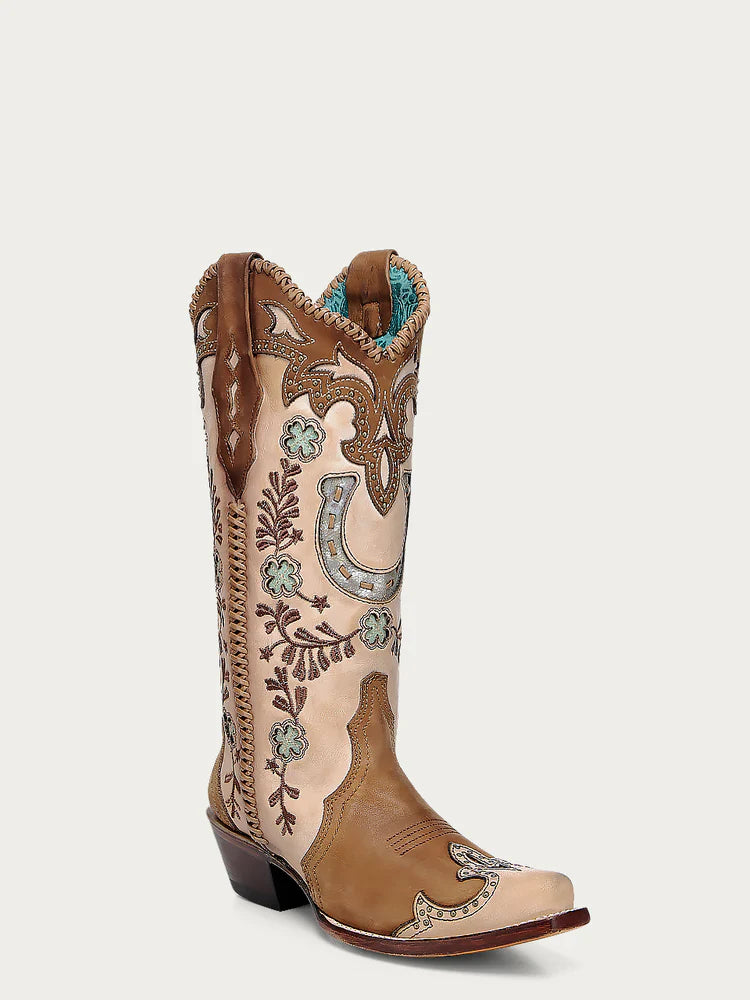 A4863 - WOMEN'S HONEY HORSESHOE OVERLAY EMBROIDERY STUDS HANDWOVEN SNIP TOE COWBOY BOOT
