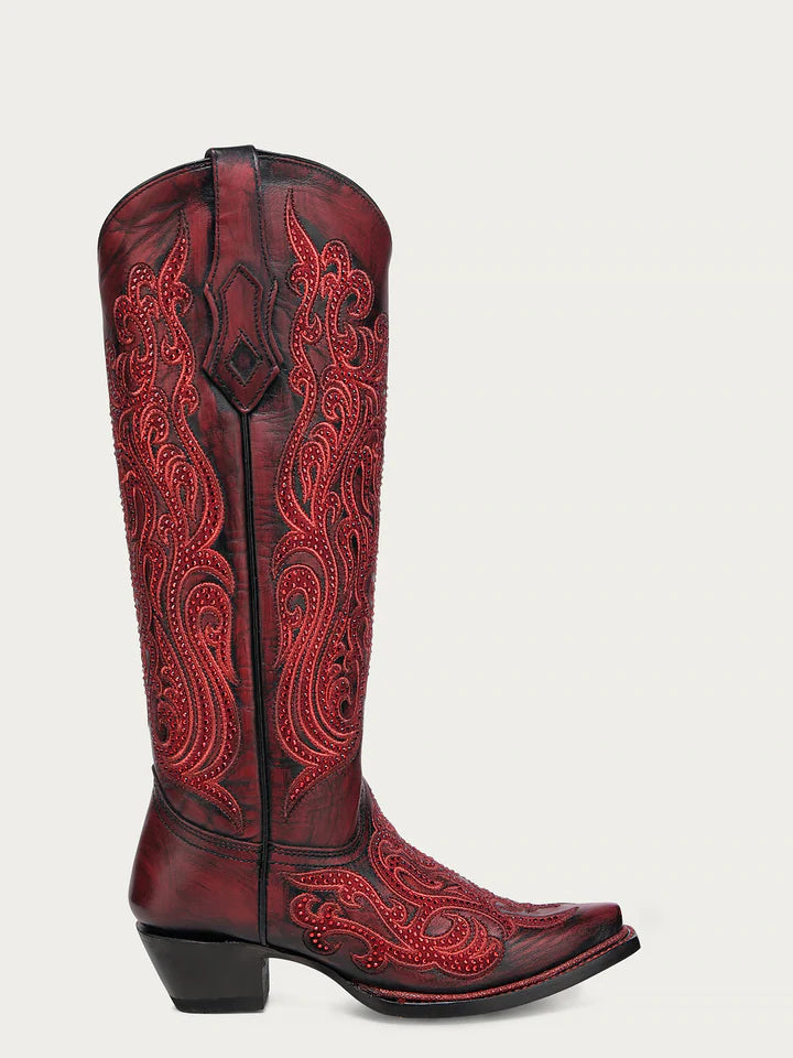 A4869 - WOMEN'S EMBROIDERY AND CRYSTALS RED AND BLACK TALL TOP SNIP TOE COWBOY BOOT