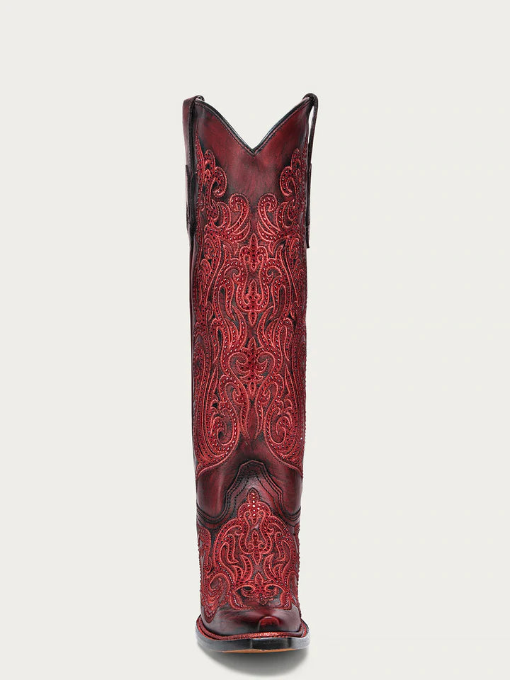 A4869 - WOMEN'S EMBROIDERY AND CRYSTALS RED AND BLACK TALL TOP SNIP TOE COWBOY BOOT
