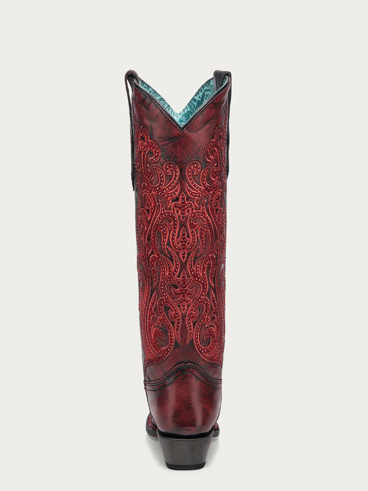 A4869 - WOMEN'S EMBROIDERY AND CRYSTALS RED AND BLACK TALL TOP SNIP TOE COWBOY BOOT