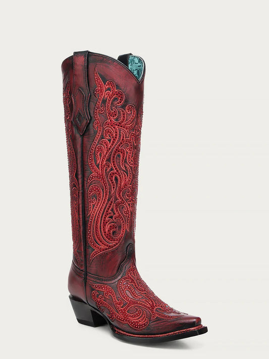A4869 - WOMEN'S EMBROIDERY AND CRYSTALS RED AND BLACK TALL TOP SNIP TOE COWBOY BOOT
