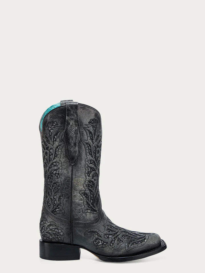 A4876 - WOMEN'S BLACK EMBROIDERY SQUARE TOE COWBOY BOOT