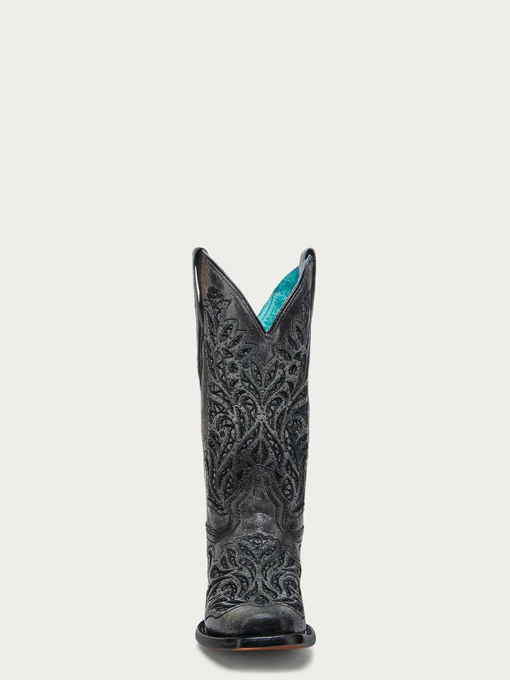 A4876 - WOMEN'S BLACK EMBROIDERY SQUARE TOE COWBOY BOOT