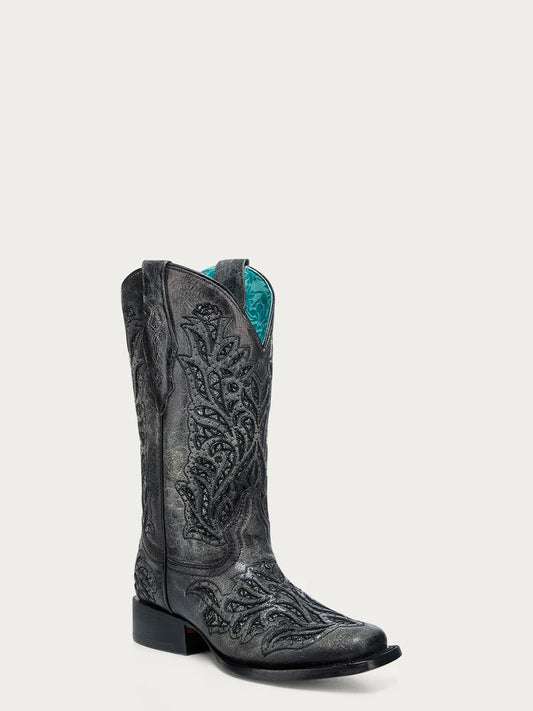 A4876 - WOMEN'S BLACK EMBROIDERY SQUARE TOE COWBOY BOOT