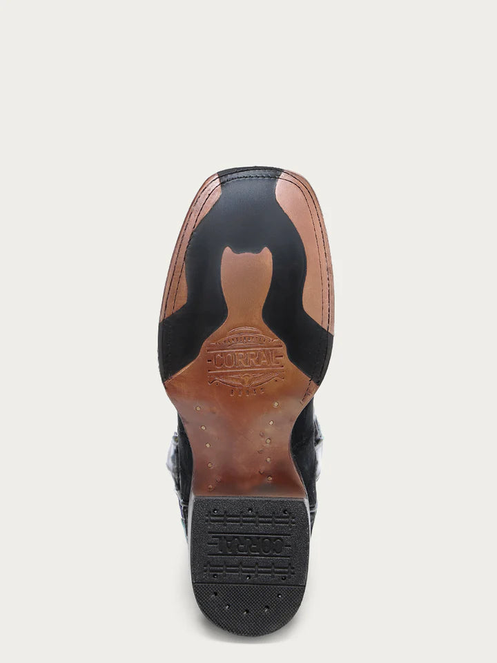 A4933 - MEN'S EMBROIDERY NAVY BLUE ALLIGATOR WIDE SQUARE TOE COWBOY BOOT WITH LEATHER SOLE AND RUBBER INSERT
