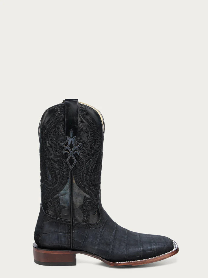 A4933 - MEN'S EMBROIDERY NAVY BLUE ALLIGATOR WIDE SQUARE TOE COWBOY BOOT WITH LEATHER SOLE AND RUBBER INSERT