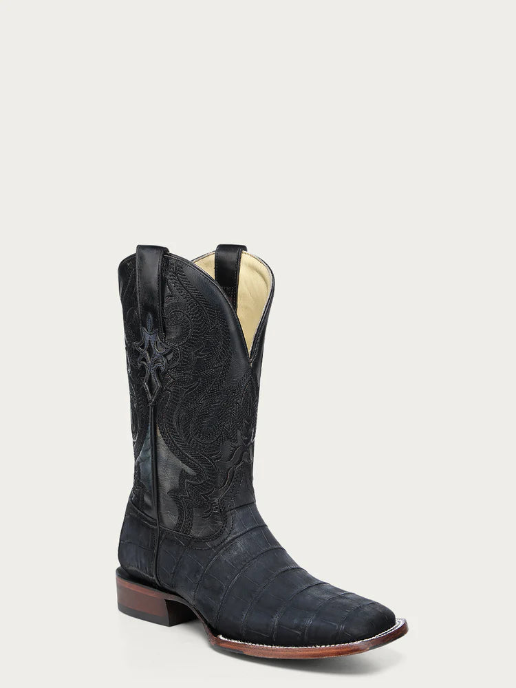 A4933 - MEN'S EMBROIDERY NAVY BLUE ALLIGATOR WIDE SQUARE TOE COWBOY BOOT WITH LEATHER SOLE AND RUBBER INSERT