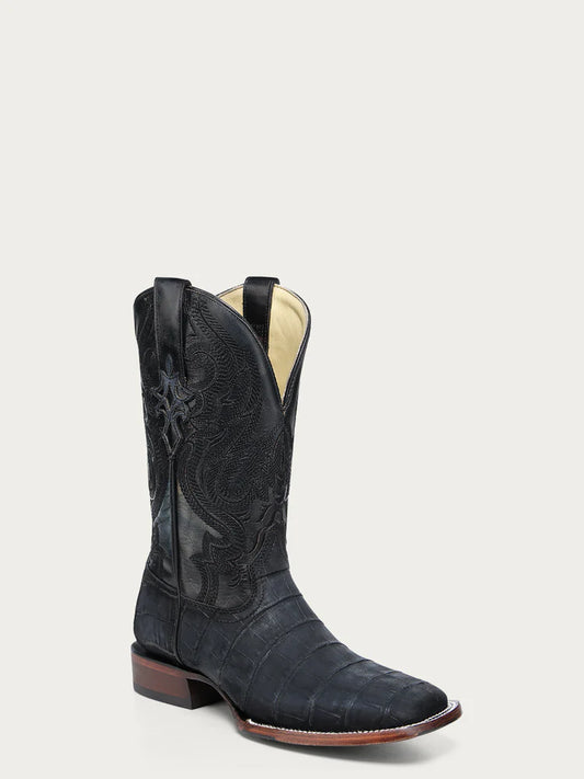 A4933 - MEN'S EMBROIDERY NAVY BLUE ALLIGATOR WIDE SQUARE TOE COWBOY BOOT WITH LEATHER SOLE AND RUBBER INSERT
