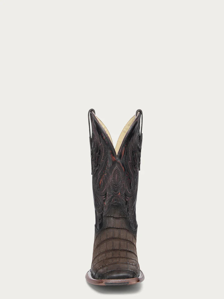 A4935 - MEN'S CHOCOLATE ALLIGATOR EMBROIDERY AND WOVEN SHAFT WIDE SQUARE TOE LEATHER SOLE WITH RUBBER INSERT COWBOY BOOT