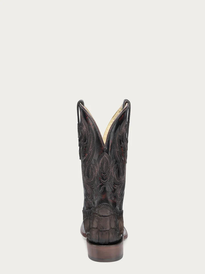 A4935 - MEN'S CHOCOLATE ALLIGATOR EMBROIDERY AND WOVEN SHAFT WIDE SQUARE TOE LEATHER SOLE WITH RUBBER INSERT COWBOY BOOT