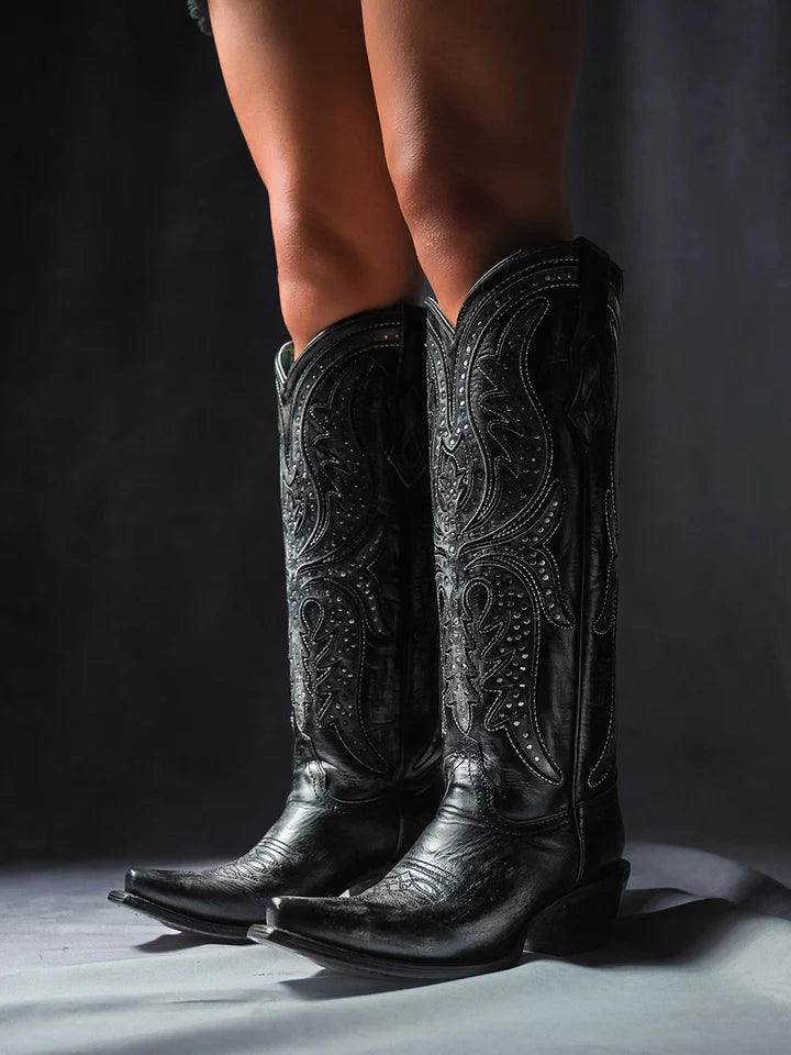 A4943 - WOMEN'S BLACK EMBROIDERY OVERLAY AND ENCAPSULATED STUDS TALL TOP SNIP TOE COWBOY BOOT
