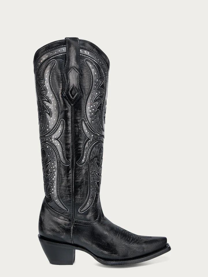 A4943 - WOMEN'S BLACK EMBROIDERY OVERLAY AND ENCAPSULATED STUDS TALL TOP SNIP TOE COWBOY BOOT