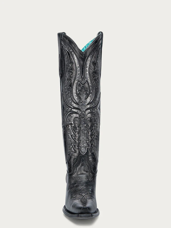 A4943 - WOMEN'S BLACK EMBROIDERY OVERLAY AND ENCAPSULATED STUDS TALL TOP SNIP TOE COWBOY BOOT